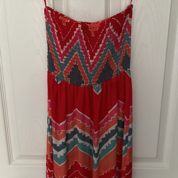 Aqua tribal print strapless maxi dress with side slit - Picture 3 of 5
